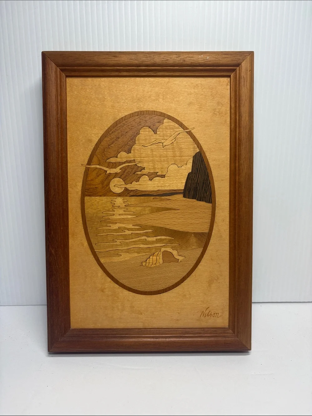 Handcrafted Wooden Marquetry Coastal Scene Hudson River Inlay Framed